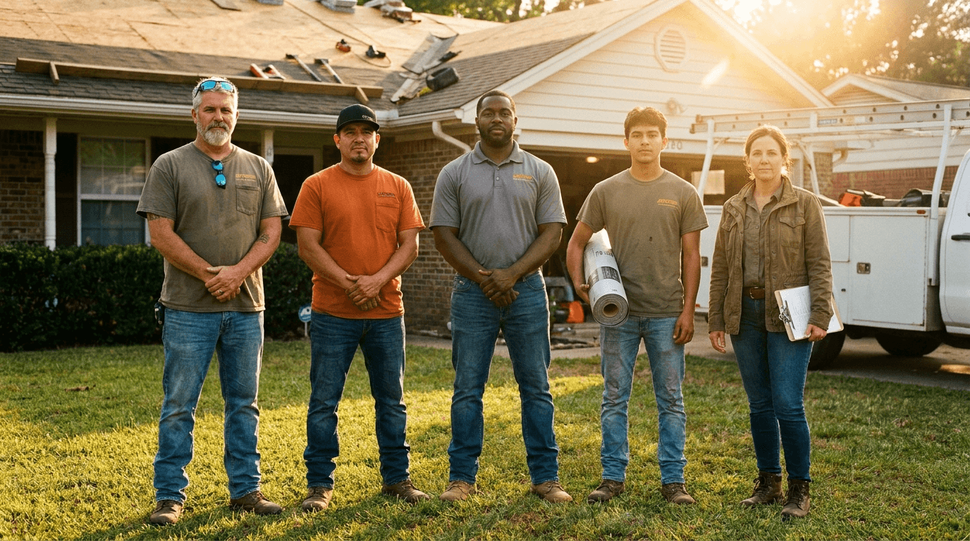Five home-improvement crew leaders standing on the front lawn of a half-finished roofing jobsite. Diverse team in branded apparel, golden hour light, ladder truck and stripped roof behind them.