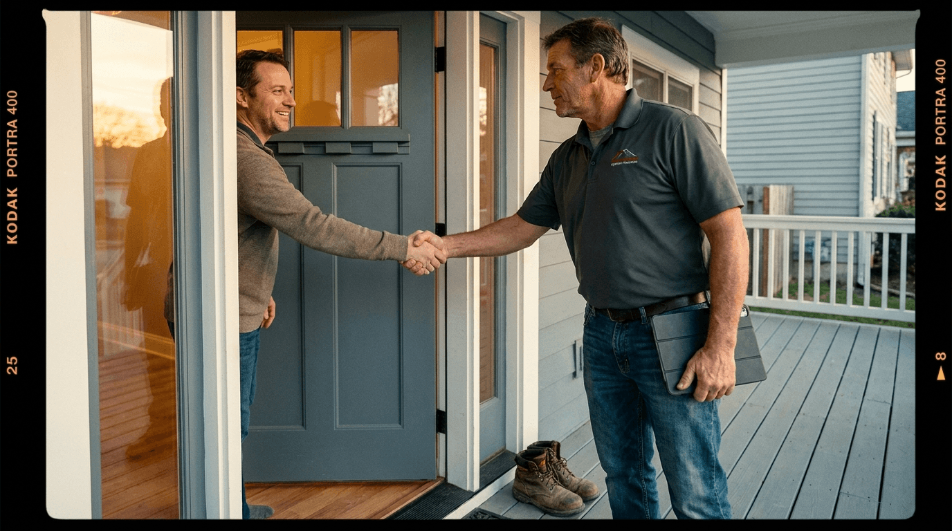 Front-porch handshake between a roofing contractor in a branded polo with an iPad under his arm and a homeowner husband in his 50s at the threshold of a slate-grey front door. Kodak Portra 400 film border visible.