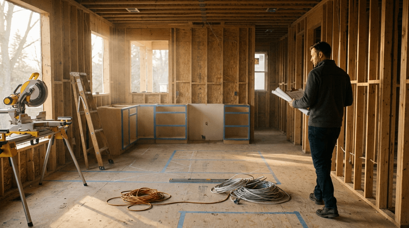 Interior of a high-end gut renovation in progress. Open kitchen and great-room stripped to studs, exposed 2x6 framing, plywood subfloor, blue chalk lines marking cabinet runs, a miter saw on a folding stand, coiled extension cord and electrical wiring on the floor. A general contractor in a charcoal half-zip pullover holds a clipboard, reviewing the framed wall.