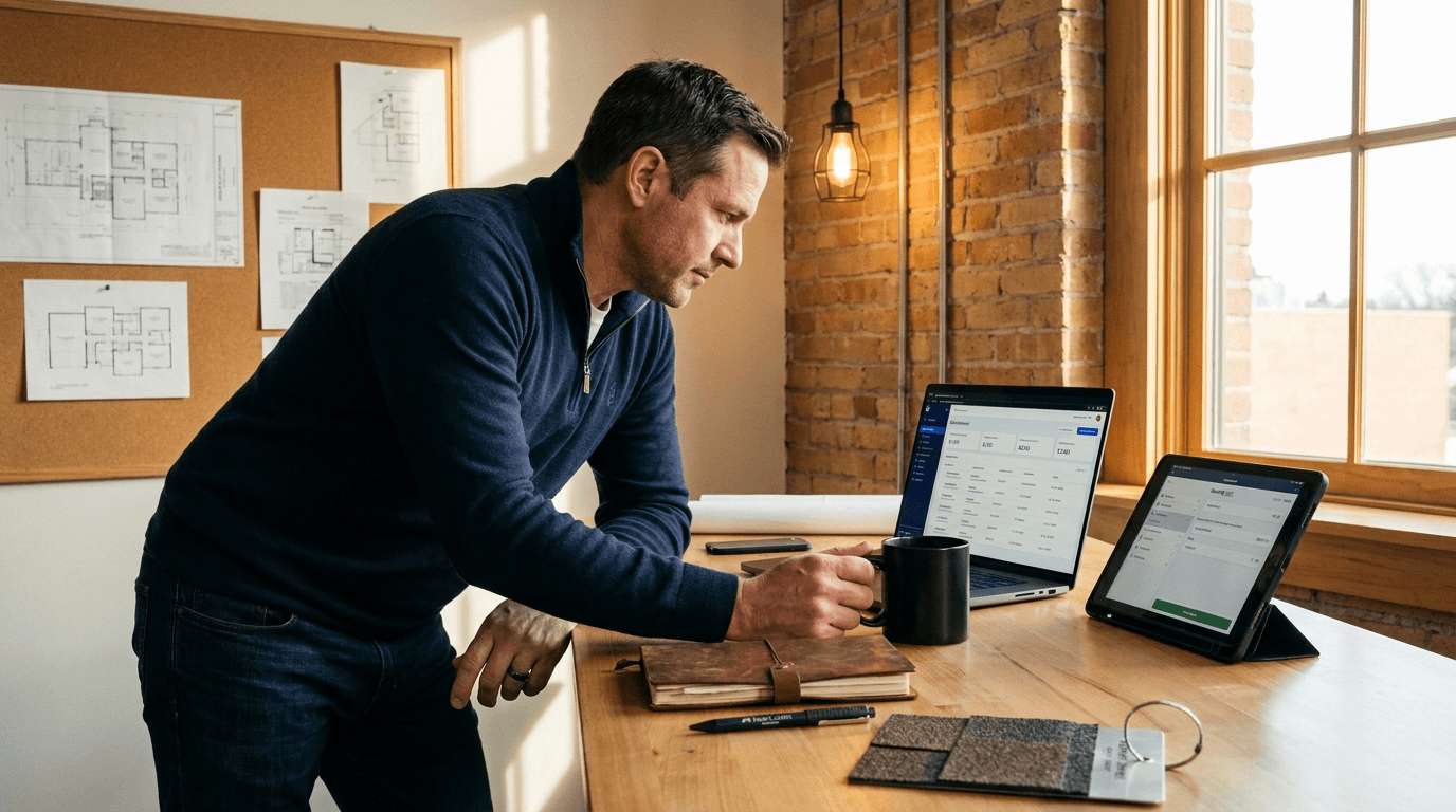 Contractor in a navy half-zip standing over a wooden desk by a brick wall. MacBook displaying a CRM dashboard, iPad with quoting software beside it, a black mug, a notebook, and shingle samples on the desk.