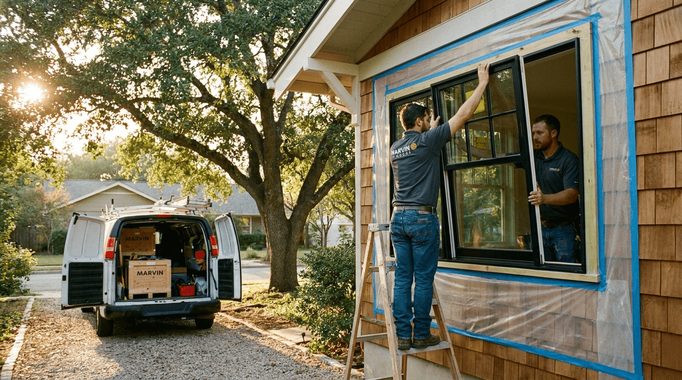 Exterior window-replacement scene. Two crew members in dark grey company polos installing a large black-framed Marvin Signature Ultimate double-hung window into a cedar-shingled craftsman home, one on a ladder steadying it from outside, another guiding from inside. A work van with the rear doors open in the driveway showing more Marvin window crates. Mature oak tree, golden hour light.