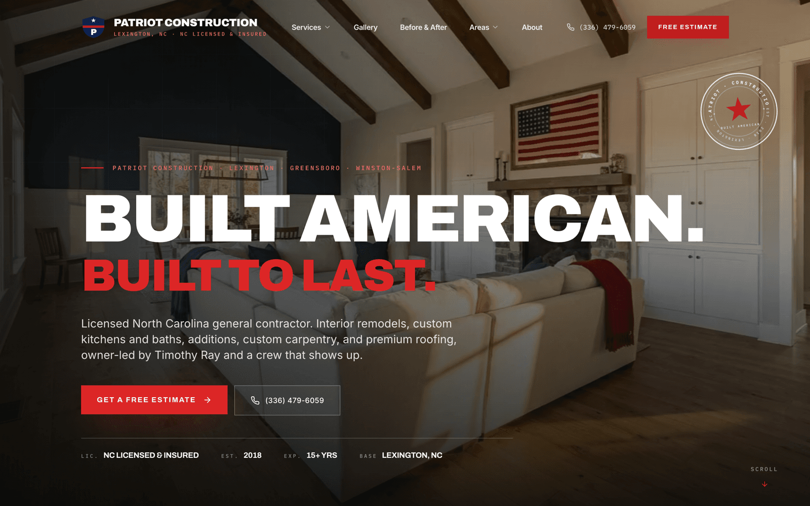Patriot Construction website designed and built by RevCore HQ