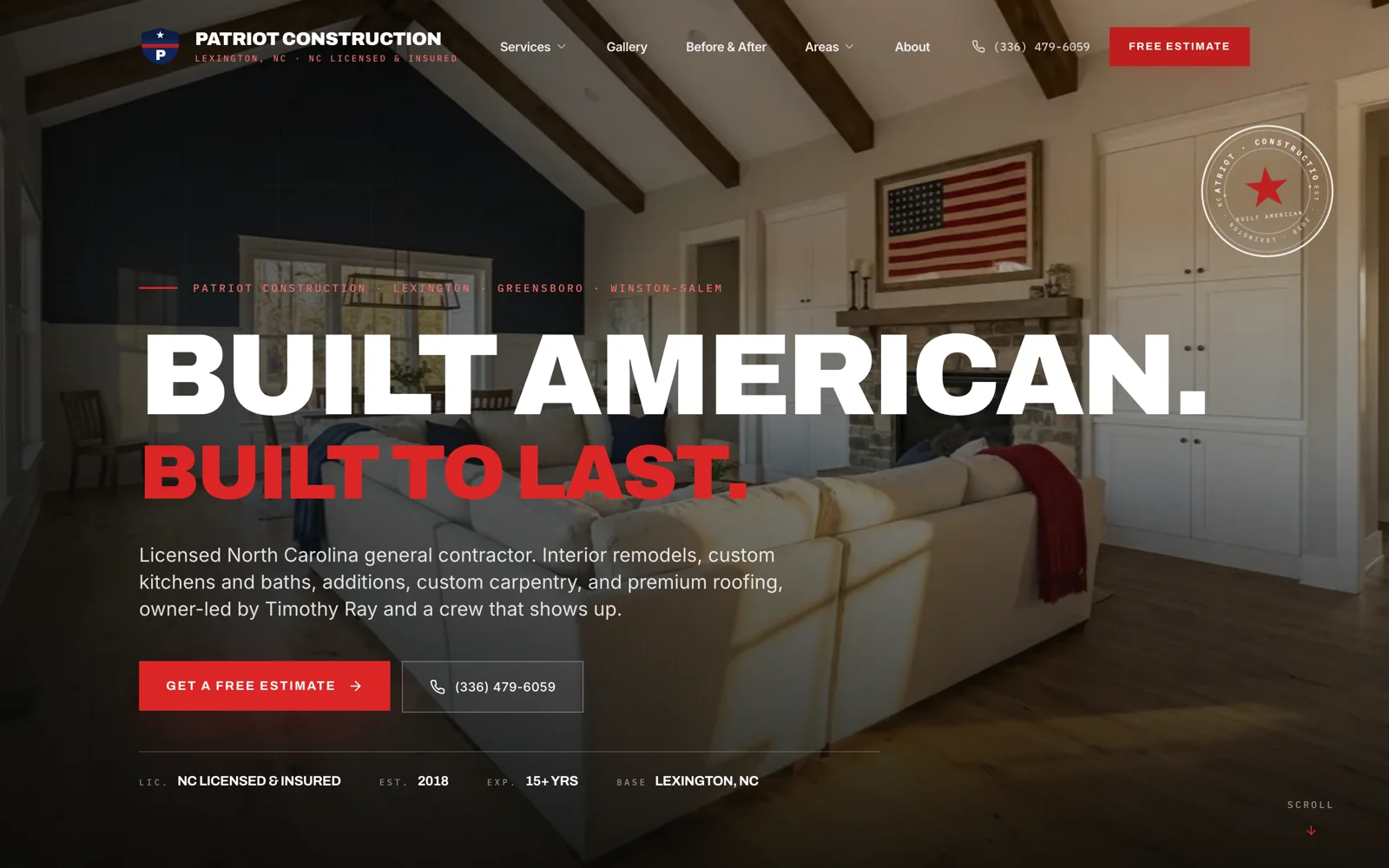 Patriot Construction website designed and built by RevCore HQ
