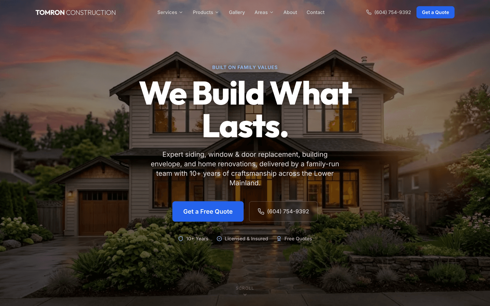 Tomron Construction website built by RevCore HQ